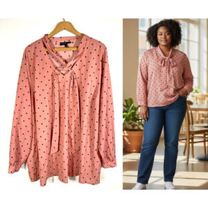 Lane Bryant Top Pink Polka Dot Neck Tie Bow Rockabilly Retro Career Pinup 26/28